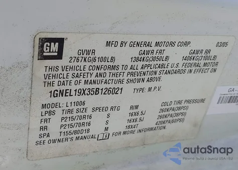 2005 Chevrolet Astro from USA, damaged, VIN 1GNEL19X35B126021